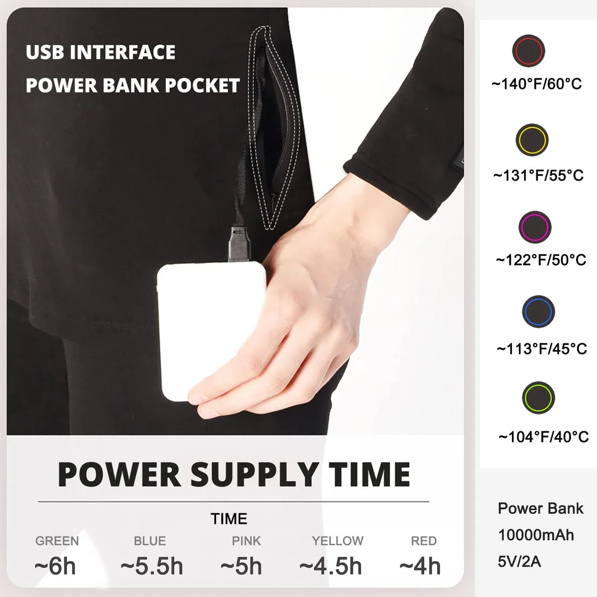 Conjunto de ropa interior térmica para hombres Camisas térmicas de manga larga con calefacción Pantalones Capa base con calefacción eléctrica USB Adecuado para acampar en invierno (Negro XXL) (N