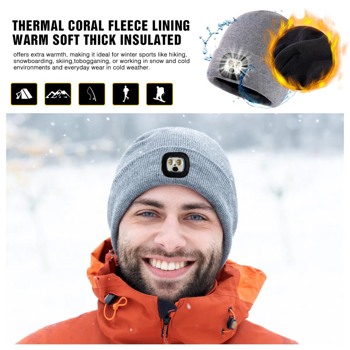 TOP-EX Gorros de lana merino de gran tamaño, XL, XXL, LED, unisex, con antorcha de luz, regalos para papá, impermeables, recargables, para correr, pasear al perro