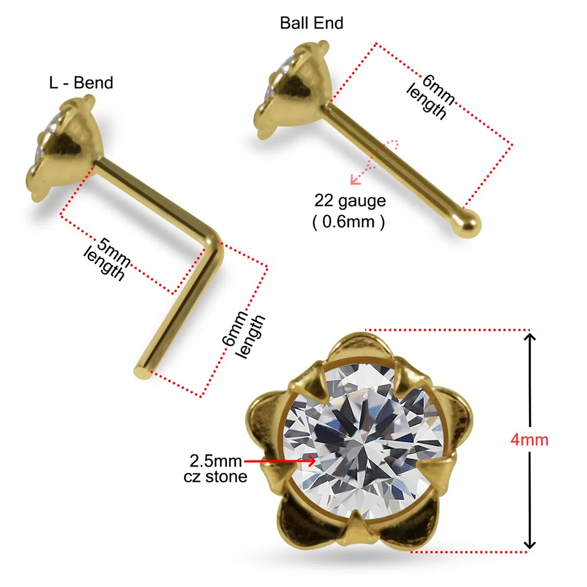 Piercing de nariz de oro amarillo macizo de 14 quilates con circonita cúbica sobre flor