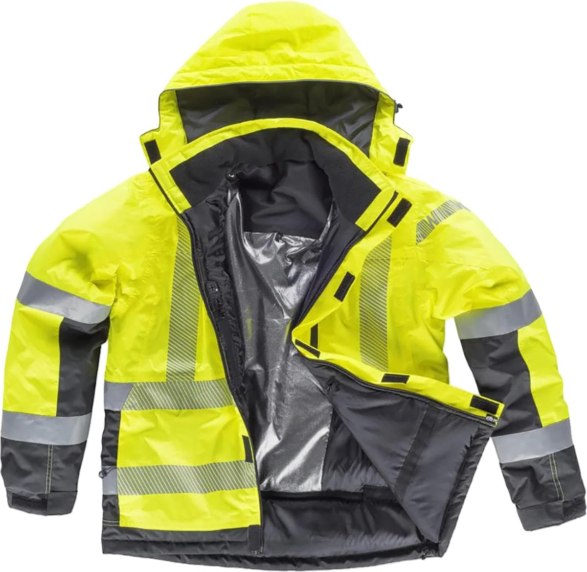 WORKTEAM Parka Acolchada Alta Visibilidad, Cintas Reflectantes Segmentadas, Cuello Alto con Capucha Ajustable, impermeable Clase 2, Unisex