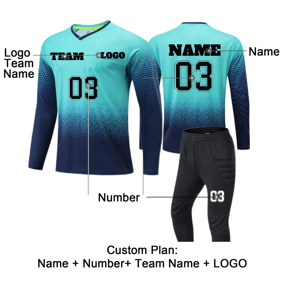 Mens Kids Soccer Goalkeeper Jersey, Goalkeeper Jersey Set Mujer Manga Larga Pantalones Jersey Personalizado Personalizado con Nombre + Número + Logo Regalo para niños