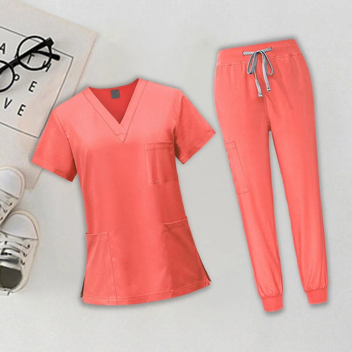 Oshhni Conjunto de uniforme médico para mujer, camiseta y pantalones de enfermera de manga corta, traje de trabajo de enfermería