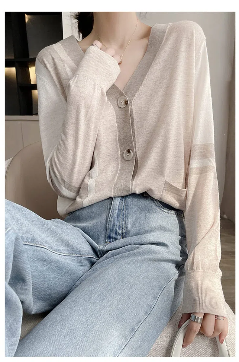 EIBA Chaqueta De Punto Mujer,Cárdigans De Punto para Mujer Moda Marrón Claro Color De Contraste Botón con Cuello En V Manga Larga Suéteres Delanteros Abiertos Cárdigan Otoño Elegante Chaqueta De AB