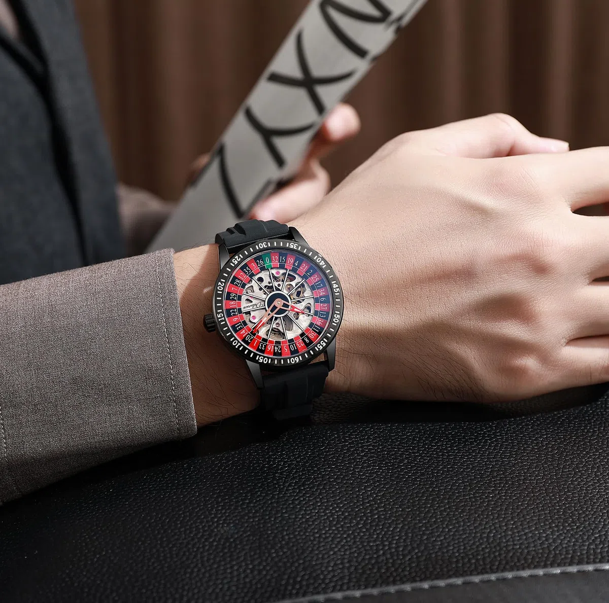 MASTOP Roulette Wheel Reloj mecánico automático para Hombre con Esfera giratoria y Esqueleto Hueco de Acero Inoxidable Impermeable