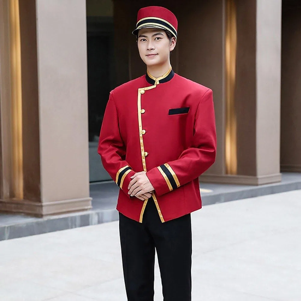 1 Conjunto De Uniforme De Recepción De Hotel con Sombrero, Uniforme Profesional De Hotel Rojo, Uniforme De Servicio De Manga Larga, Ropa De Camarero De Recepcionista De Hotel