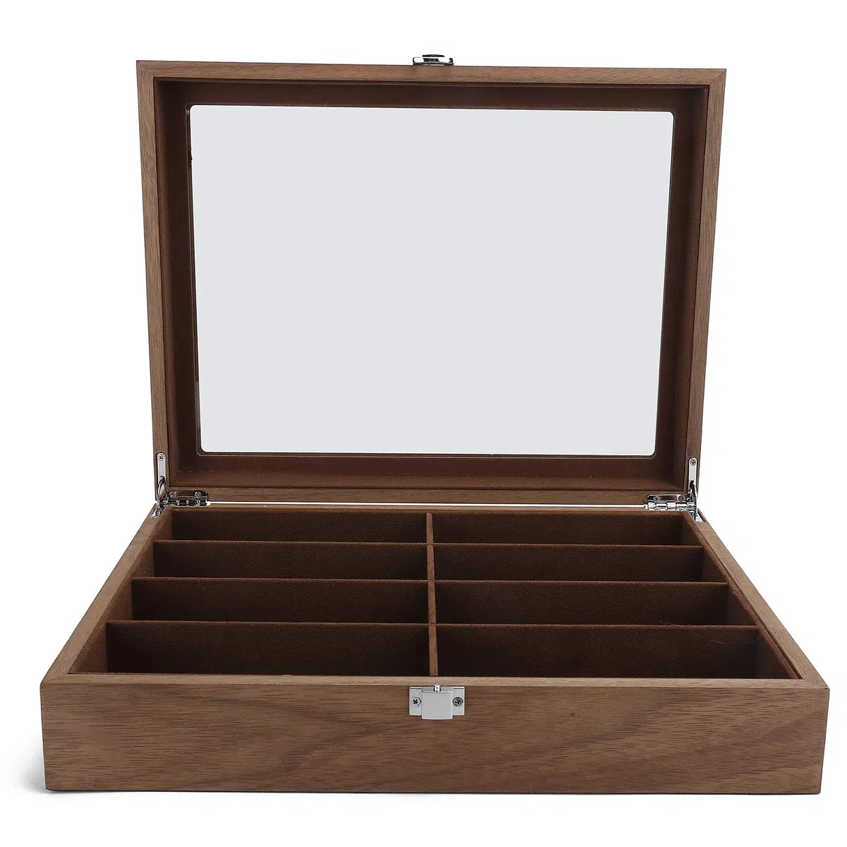 Bewinner Caja de Almacenamiento de 8 Gafas de Rejilla, Vitrina de Madera Maciza y Vidrio para Gafas de Sol, Organizador de Joyas con 8 Compartimentos Separados, Decoración de Viajes y Hogar