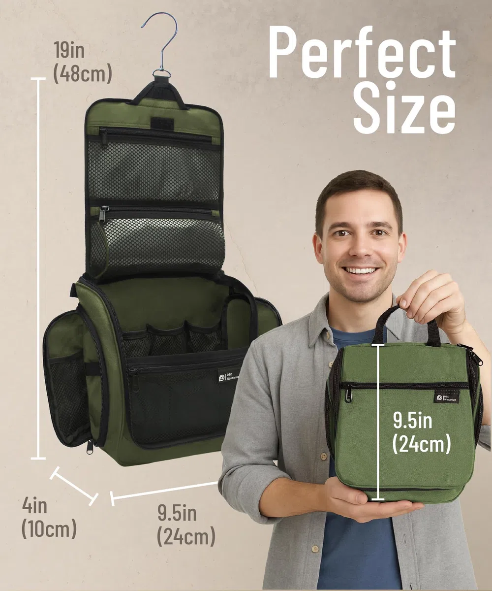 D&D - Neceser colgante de viaje para hombres y mujeres, kit organizador de cosméticos, maquillaje y artículos de tocador con 10 compartimentos, gancho giratorio de metal XXL, nailon resistente al agua