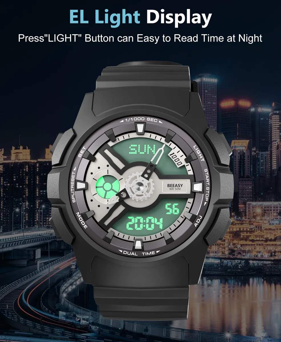 Beeasy Reloj deportivo para hombre, resistente al agua, militar, con fecha, multifunción, táctica, LED, alarma, cronómetro, Negro (Negro)