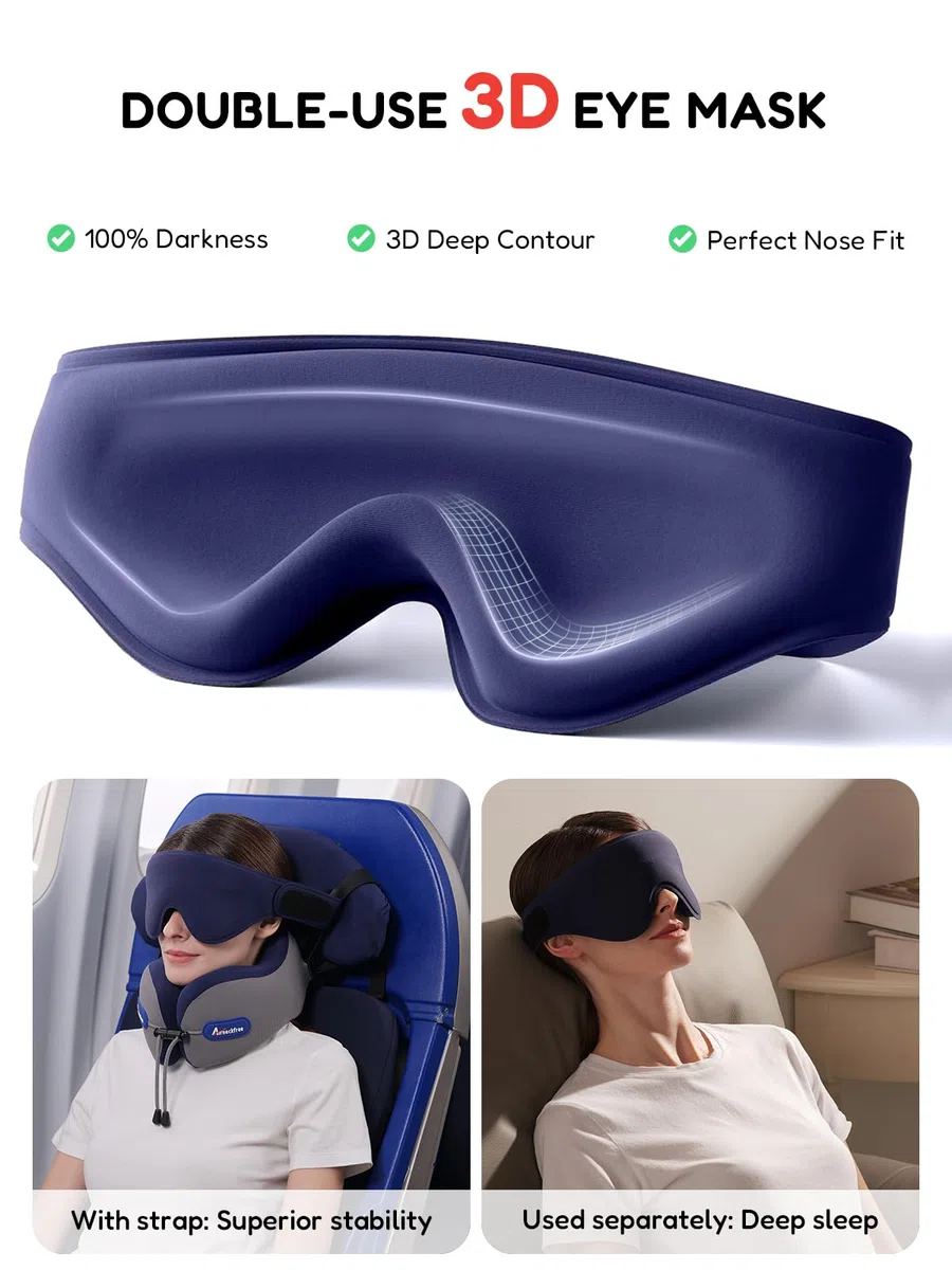 Almohada de Viaje para Cuello para Avión y Coche Neck Pillow | Con Correa de Asiento y Antifaz 3D, Soporte para Cabeza y Cuello, Espuma Viscoelástica Cómoda para Vuelos Largos, Azul Lago
