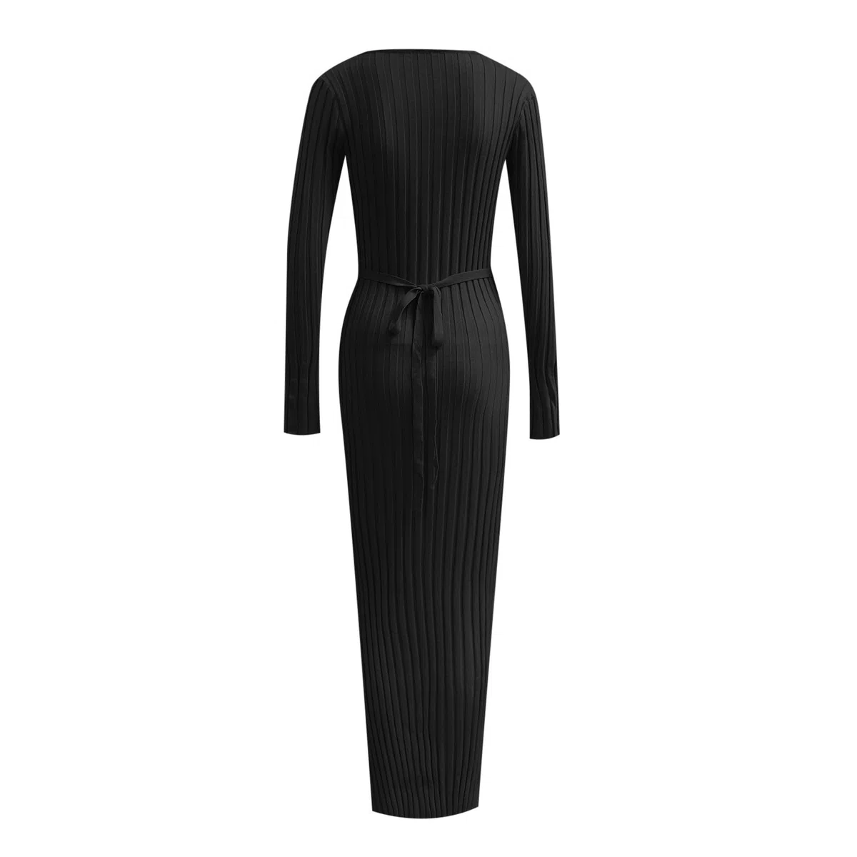 Elegante vestido largo de punto con cuello alto, estructura acanalada, diseño entallado, adelgazante, casual, con ajuste en la cintura