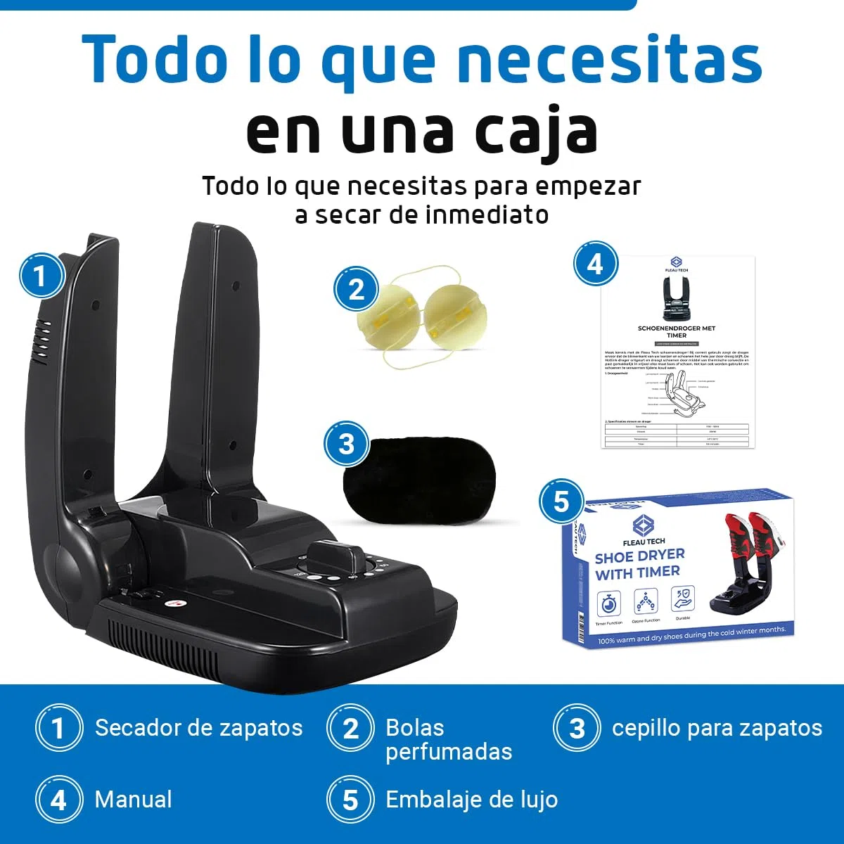 Fleau Secador de zapatos inteligente Función de secado/ozono - Ambientador de zapatos - Eliminador de olores - Incl. Bolas perfumadas y cepillo para zapatos (Secador de zapatos con temporizador)