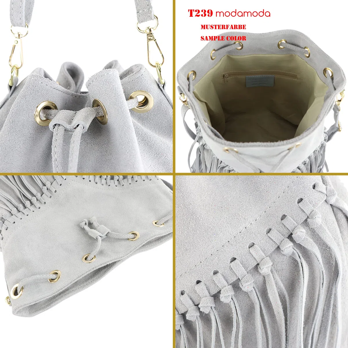 modamoda de T239 - Bolso bandolera para mujer de ante con flecos, fabricado en Italia