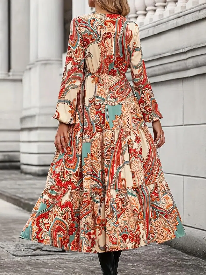 GRECIILOOKS Vestido de mujer elegante con cuello en V, vestido casual de estilo occidental, vestido maxi estampado floral para mujer, vestido estampado floral para mujer, moderno, vacaciones, fiesta y