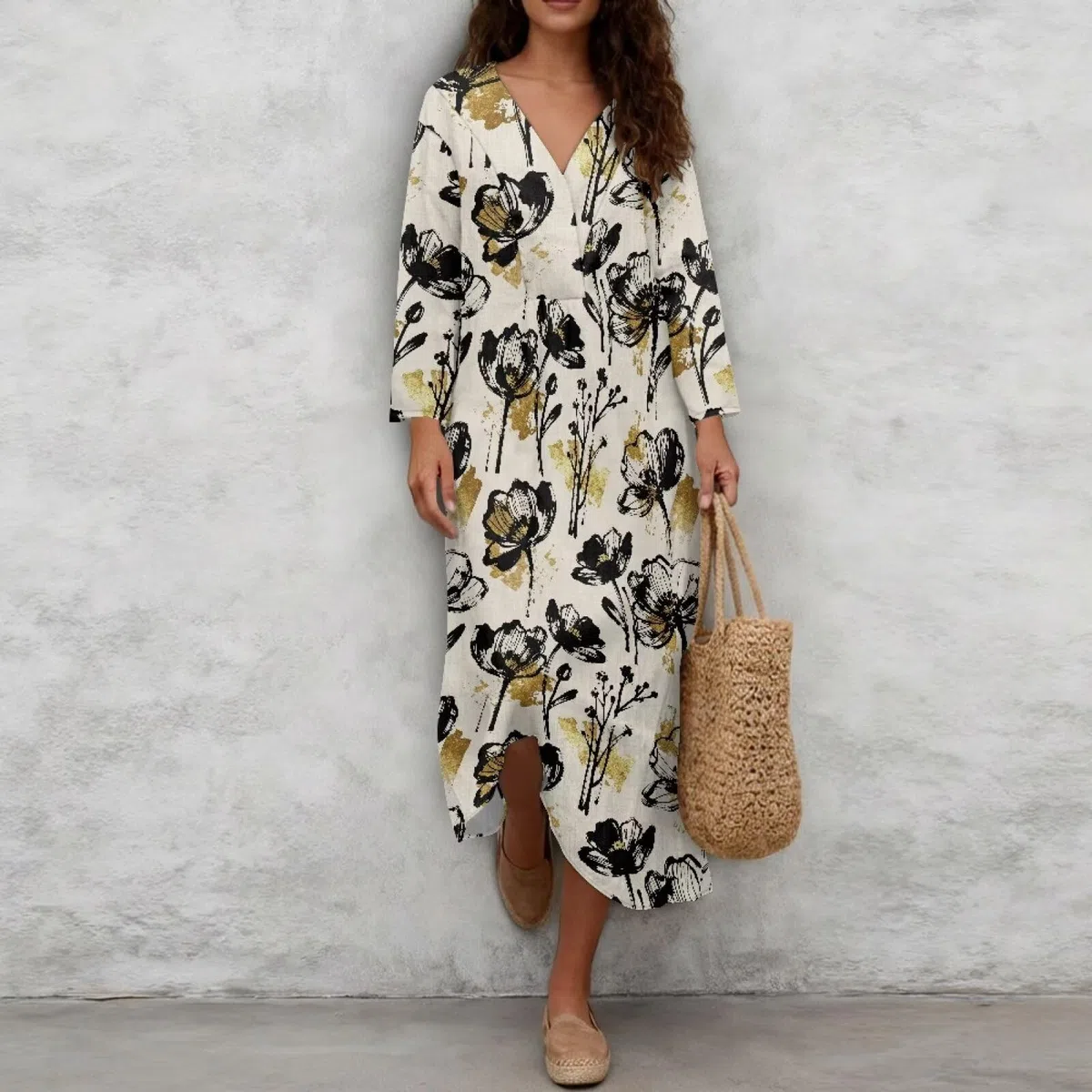 Wanyint Linen-Like - Vestido largo para mujer, manga 3/4, cuello en V, ajuste holgado, casual, para todo el año, tallas S-4XL