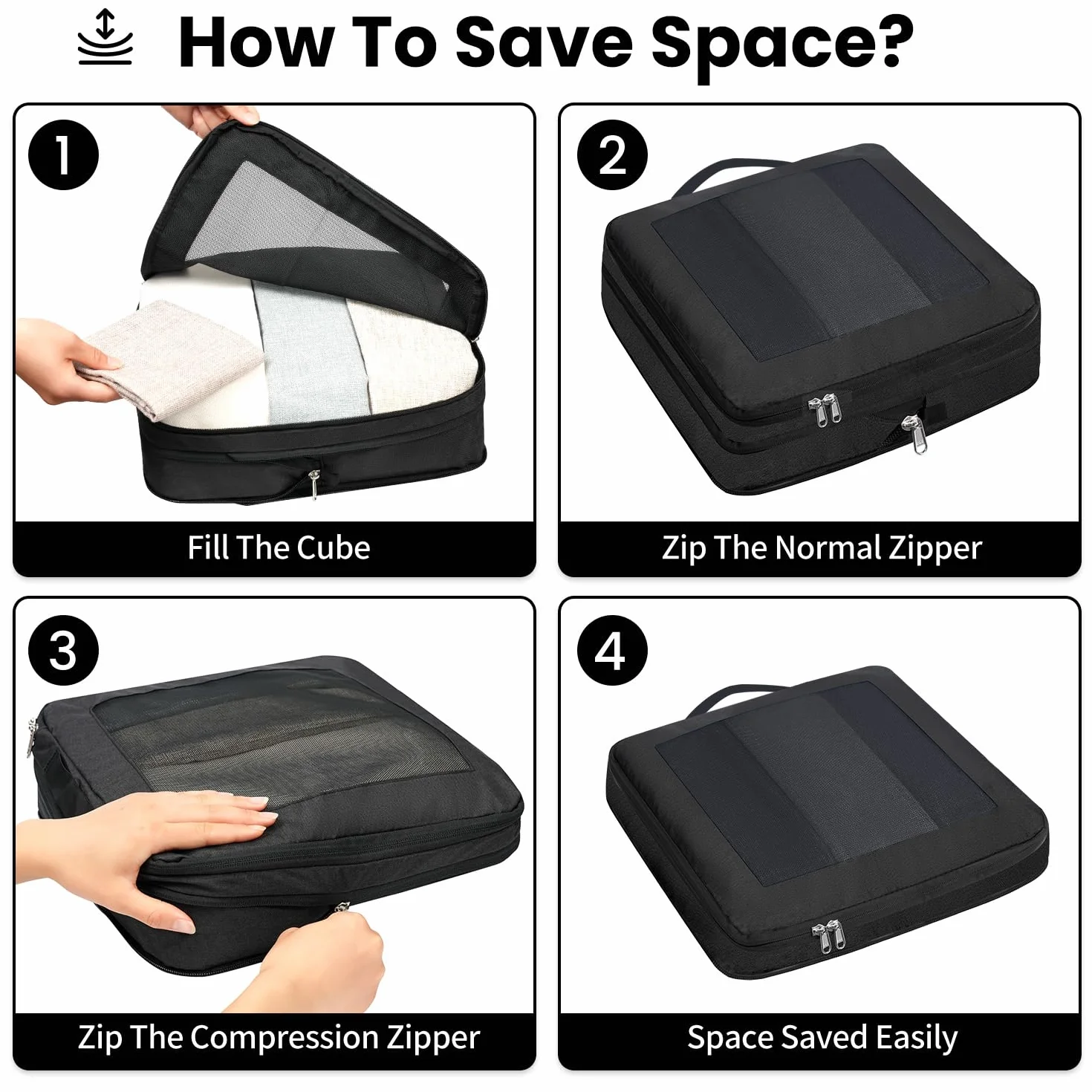 Set de 8 cubos de almacenamiento con compresión extra fuerte, bolsas espaciosas de malla transpirable y nailon, aptas para guardar ropa y zapatos en casa o de viaje, Negro
