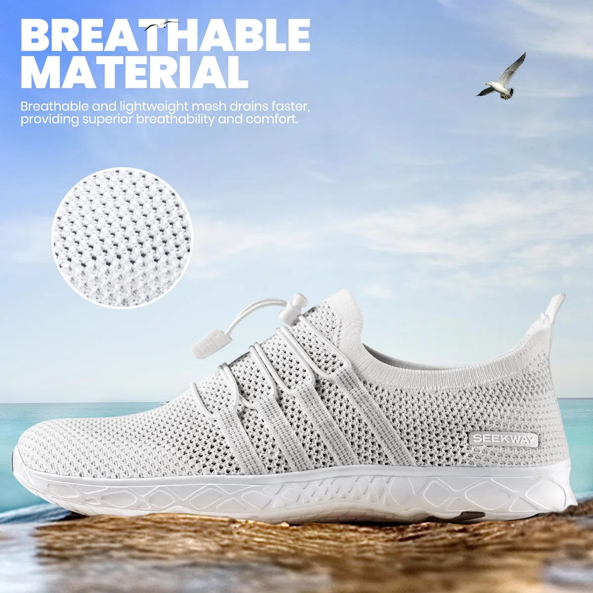 SEEKWAY Zapatos de agua para mujer, secado rápido, descalzo, acuático, atlético, para natación, piscina, playa, senderismo, surf, yoga, caminar, deportes acuáticos, SP005, 2d-flyknit Blanco, 36 EU