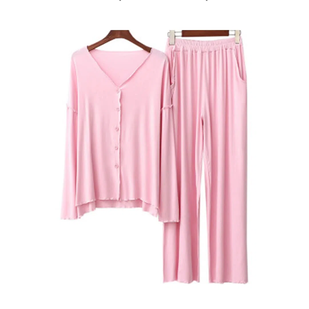 Conjunto de pijama de algodón suelto de manga larga para mujer, casual, otoño, invierno, cuello en V, caqui, L