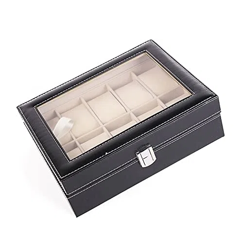 10 rejillas caja de reloj de cuero PU relojes vitrina joyería titular organizador de almacenamiento con cerradura