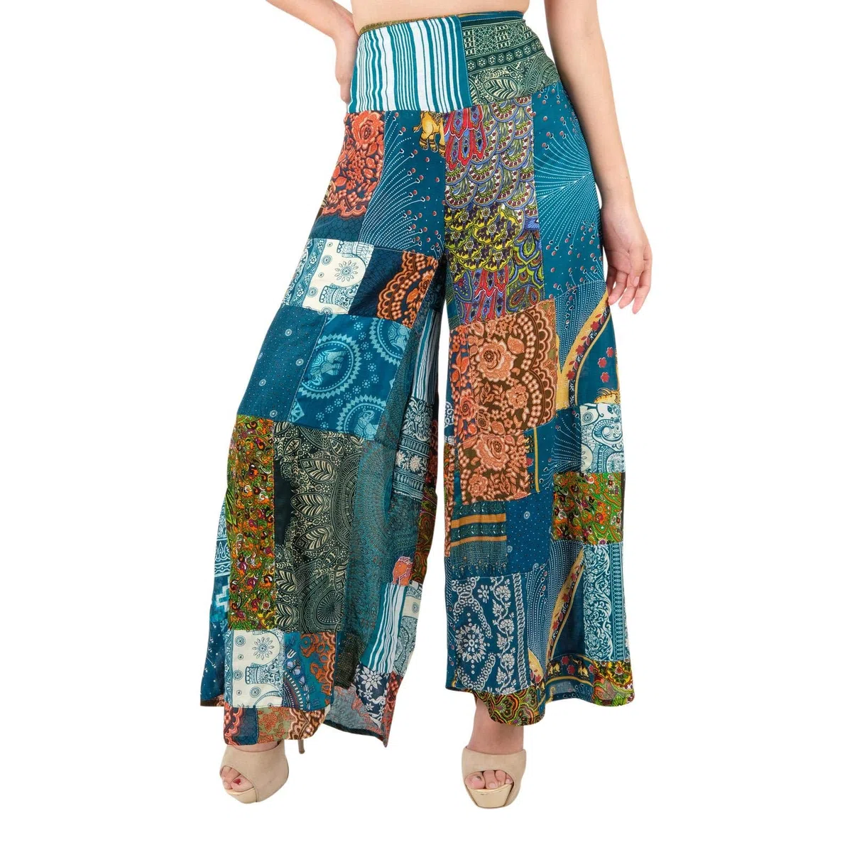 Lofbaz Pantalón harén Palazzo de Pierna Ancha con Patchwork para Mujer