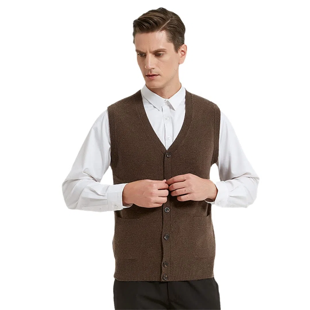 100% Pure Lana Chaleco Hombre Cuello en V Otoño Invierno Lana de Punto Cardigan Chaleco Casual Vestido sin Mangas