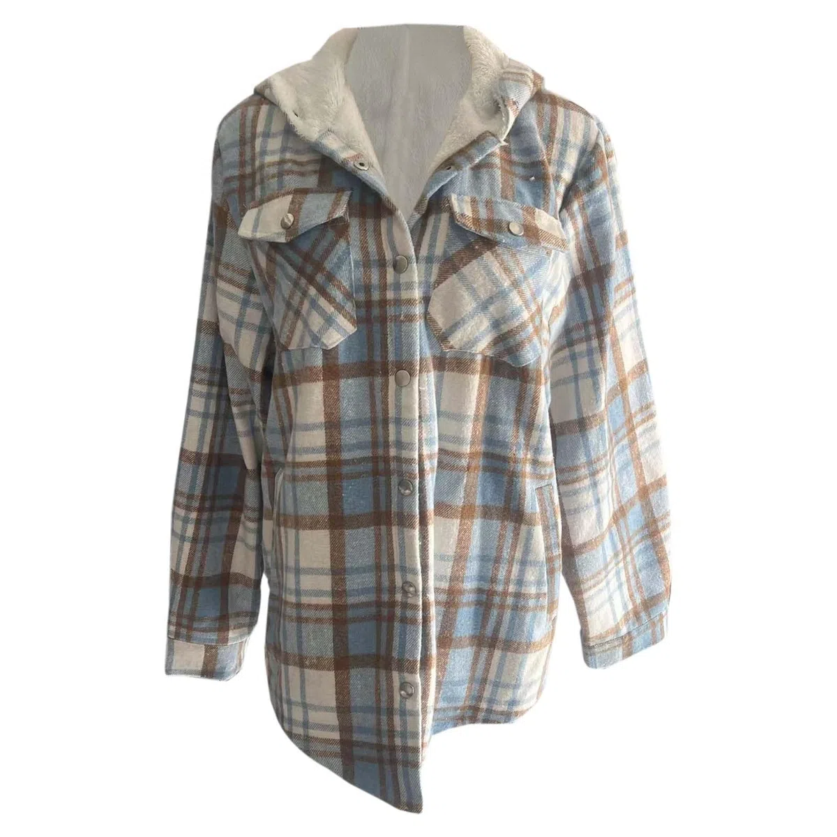 Genérico Chaqueta Polar Mujer,Chaqueta Corta A Cuadros para Mujer De Manga Larga con Botones Forro Polar Y Capucha para Mayor Calidez