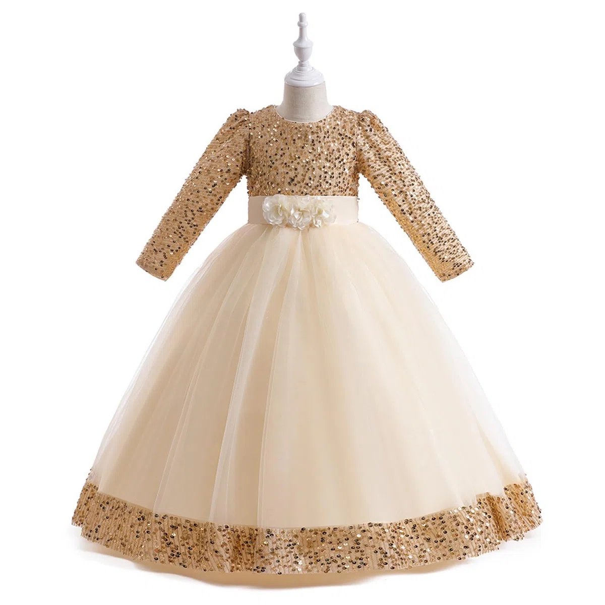 2027-Vestido de Noche Infantil con Volantes Bordados Tul Estampado y Mangas largas para niñas pequeñas Ideal como Prenda Princesa navideña