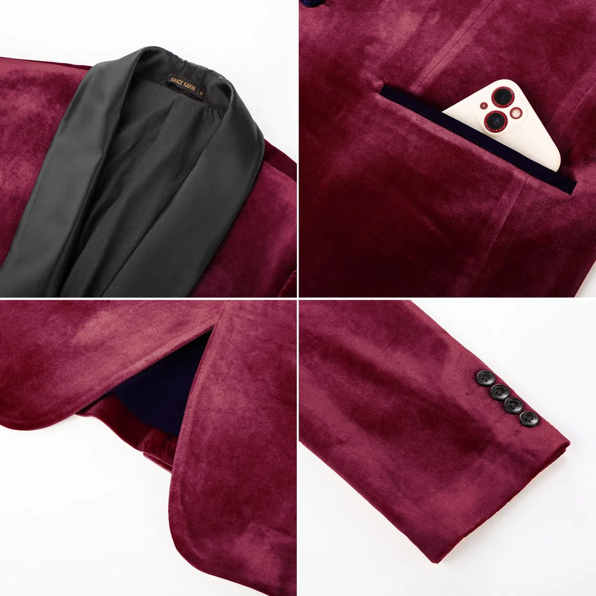 GRACE KARIN Blazer de un botón para Hombre, Ajuste Regular, Chaqueta de Traje de Terciopelo, Chaqueta de Fiesta para Boda, Navidad