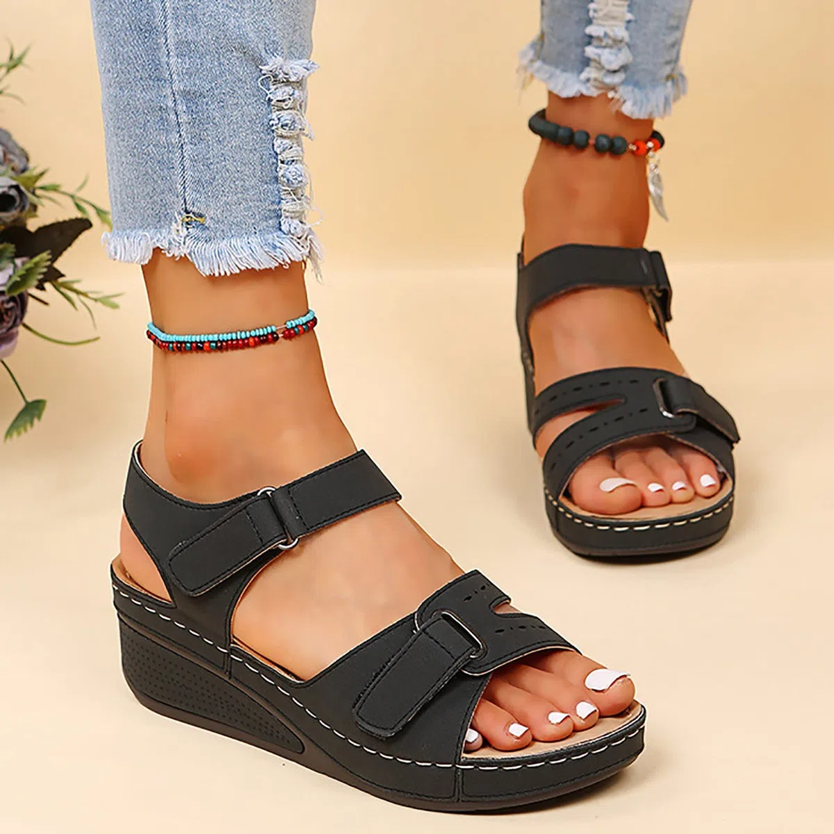 Sandalias de verano para mujer con cuña baja y plataforma - Sandalia de mujer cómoda con sandalias de pintura resistentes zapatos abiertos planta ancha zapatillas ajustables fáciles de poner zapatos