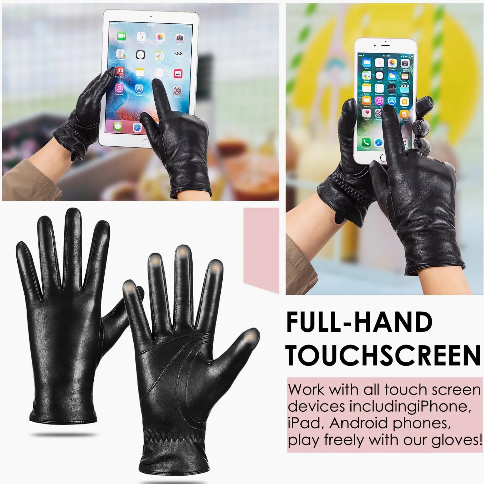 Guantes de piel de oveja de invierno para mujer, moda para conducir, pantalla táctil, con forro térmico de cachemira, Negro, Large