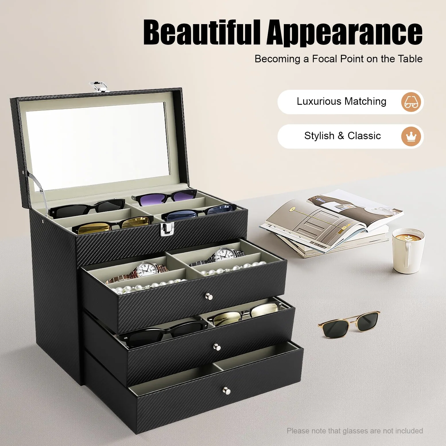Caja de almacenamiento para gafas, caja organizadora de gafas, caja de joyería, caja de piel sintética con tapa de cristal, caja de almacenamiento para gafas de sol, regalo para relojes y pulseras