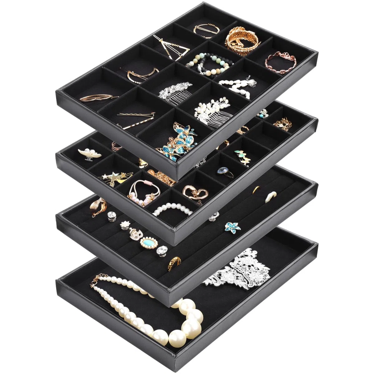 4 bandejas de joyería para organizador de collares y aretes, diseño apilable, bandejas de 12 y 24 compartimentos, 13.8 x 9.4 x 1.2 pulgadas