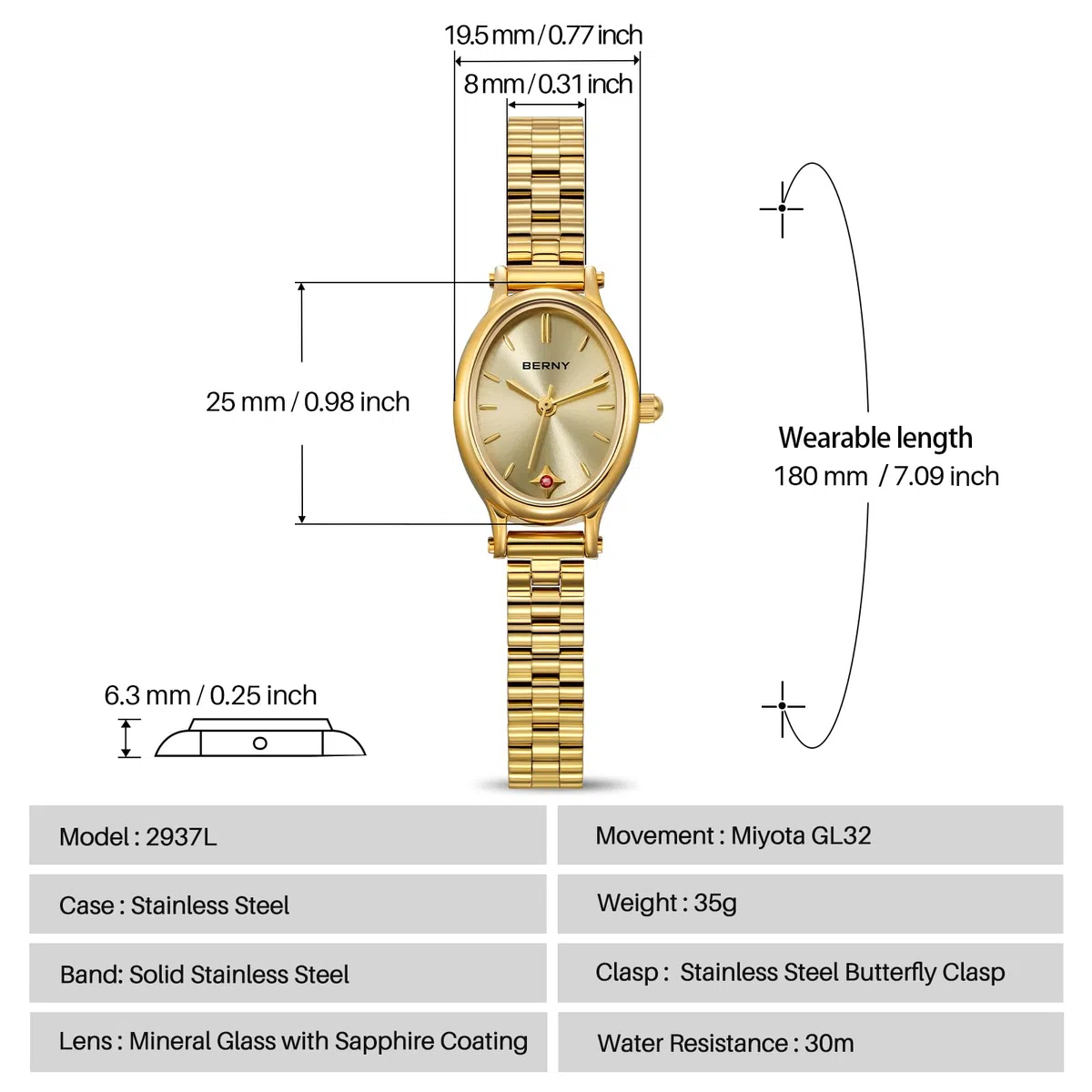 BERNY Relojes de Oro para Mujer Reloj Oval Vintage Movimiento de Cuarzo Reloj de Pulsera de Moda para Damas