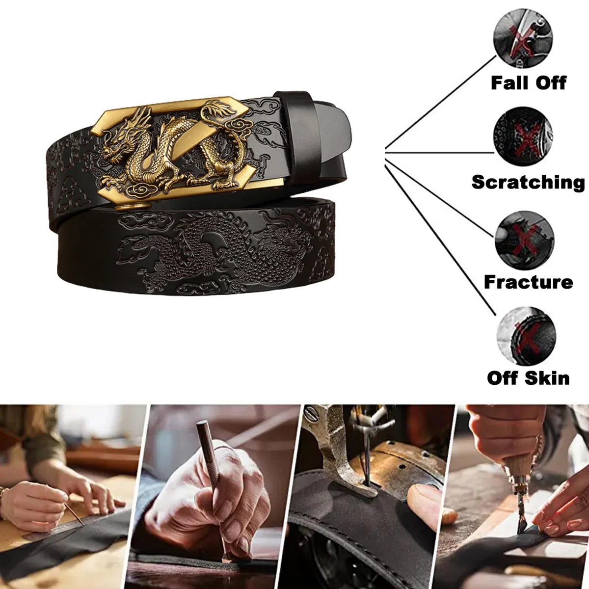 Cinturón De Trinquete Deslizante Con Relieve Dragón Dorado, Correa Cintura Cuero Hebilla Automática Ajustable (cintura 120 Cm/40 "-42", Café)