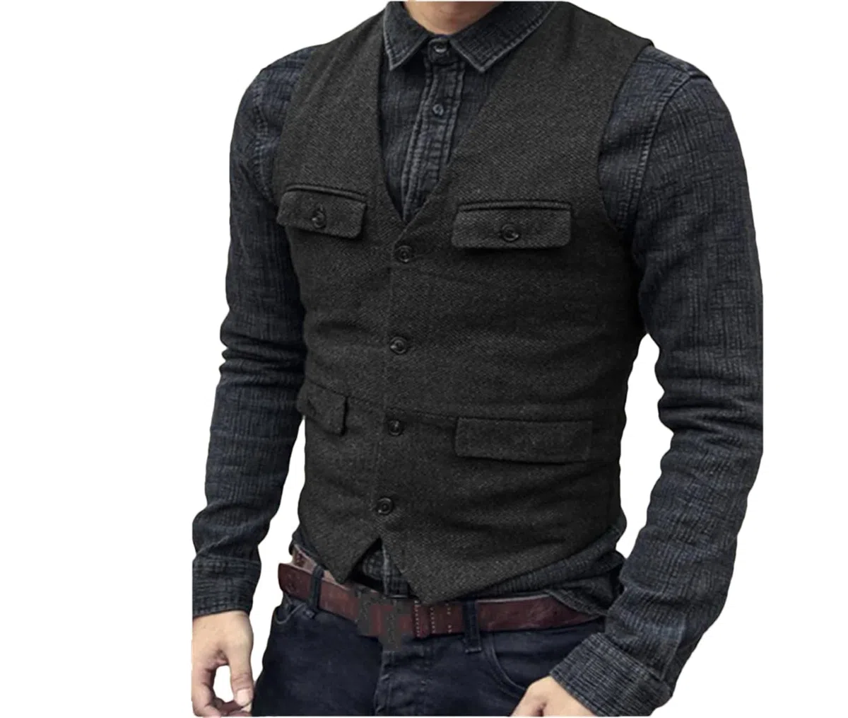 Kiioouu Chaleco de tweed de lana de espiga para hombre, chaleco vintage steampunk, chaleco casual formal de negocios para hombres de boda