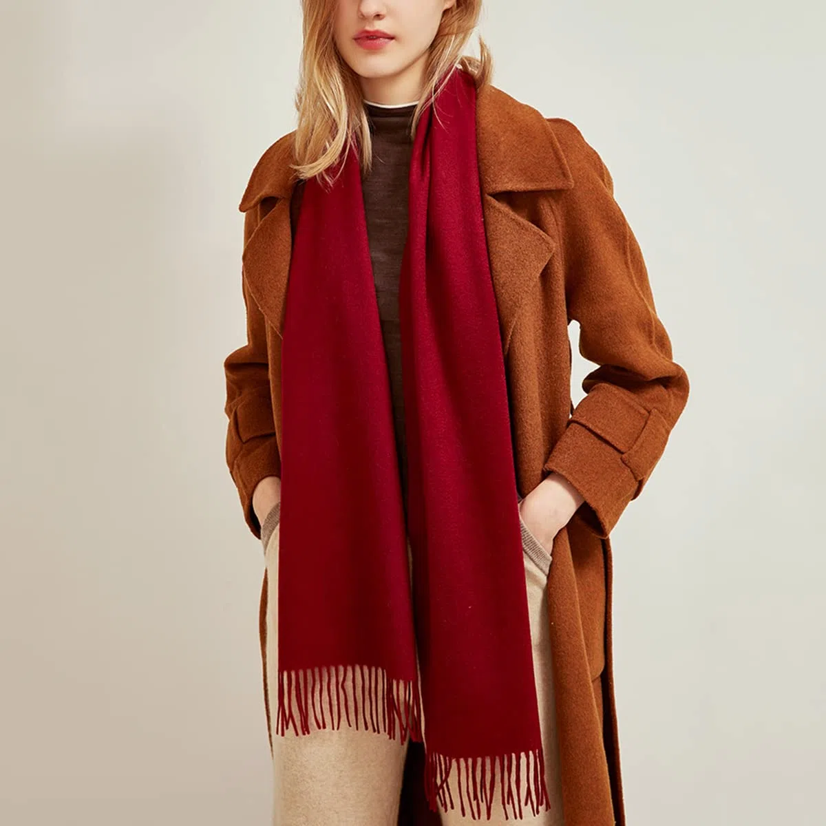YUONNY 100% Cachemira Bufanda Larga con Flecos para Hombre Mujer, Super Suave Cálido Pañuelo Borla, Unisex Otoño Inverno Bufanda Elegante de Color Sólido para Amantes, Regalo Invierno Burgundy F