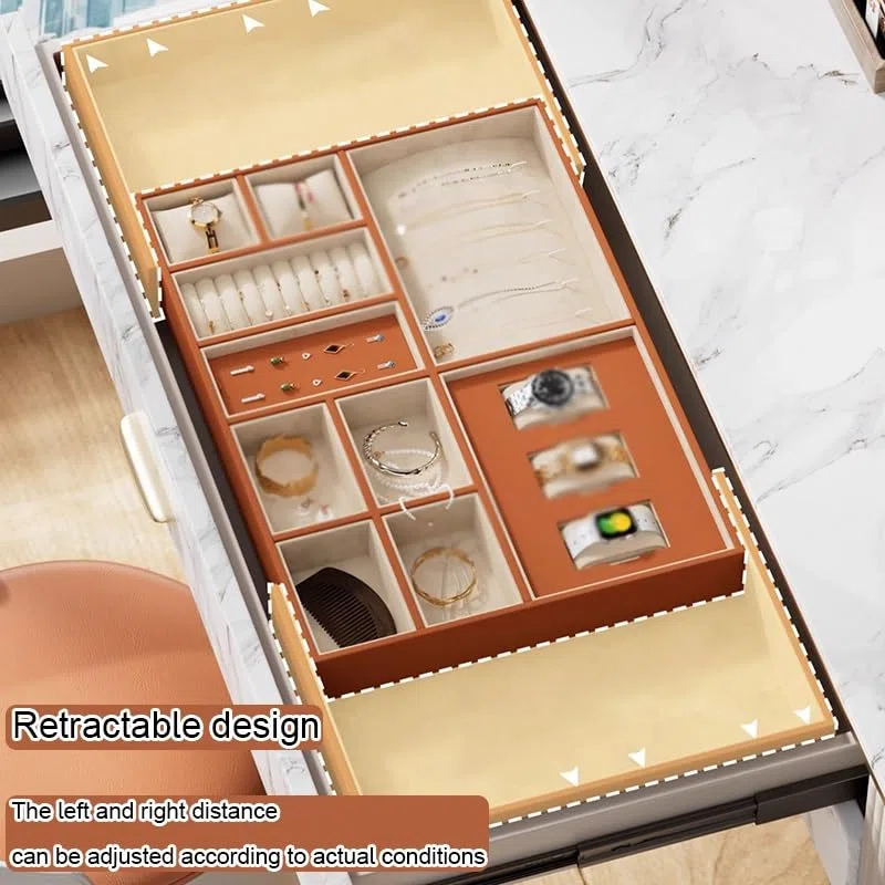 Bandeja organizadora de Joyas - Caja de Almacenamiento retráctil para Pendientes, Collares, Anillos, Relojes y Pulseras (Gris 50x36,2x6,5cm)