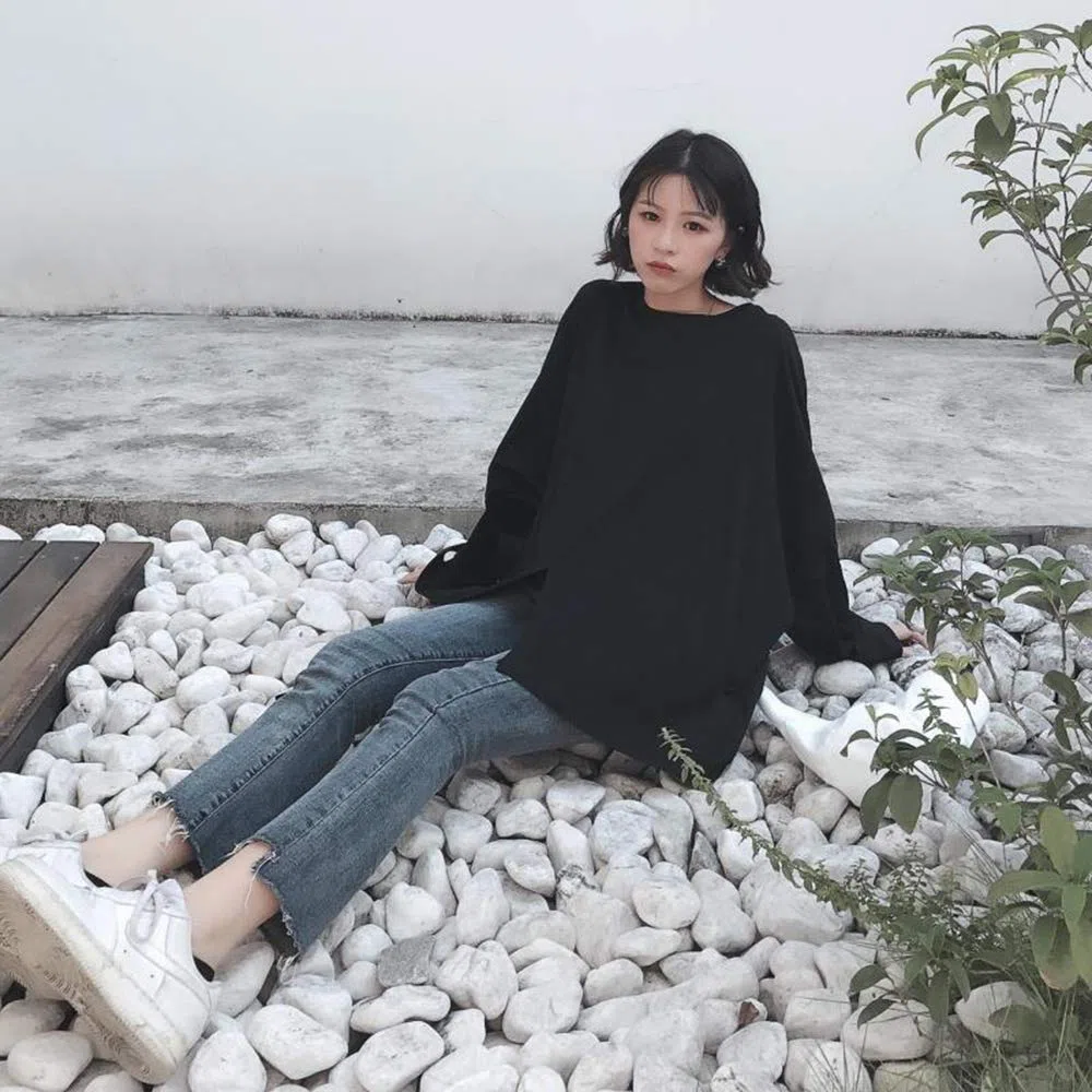 ZZAI Tops Divididos De Primavera Y Otoño - Camisetas De Manga Larga Finas Sueltas - Tops para Niñas,Black