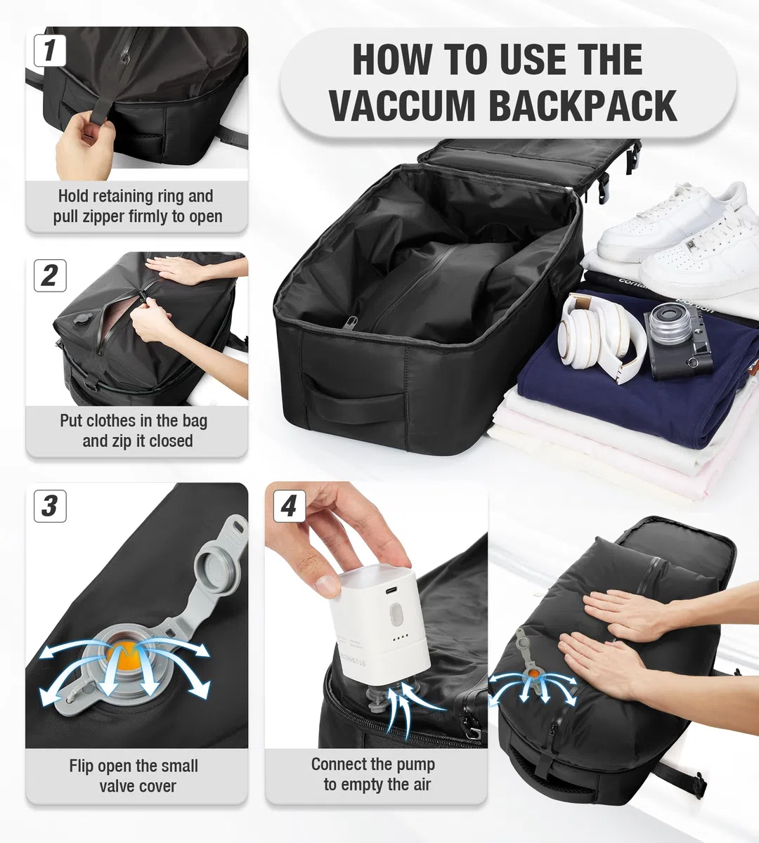Mochila de Viaje al Vacío con Bomba - 40x30x25 cm (Cabina Ryanair) - Mochila de Mano para Avión con Portátil 14" - Impermeable - Unisex/Día - Equipaje de Cabina para Hombre y Mujer Negro