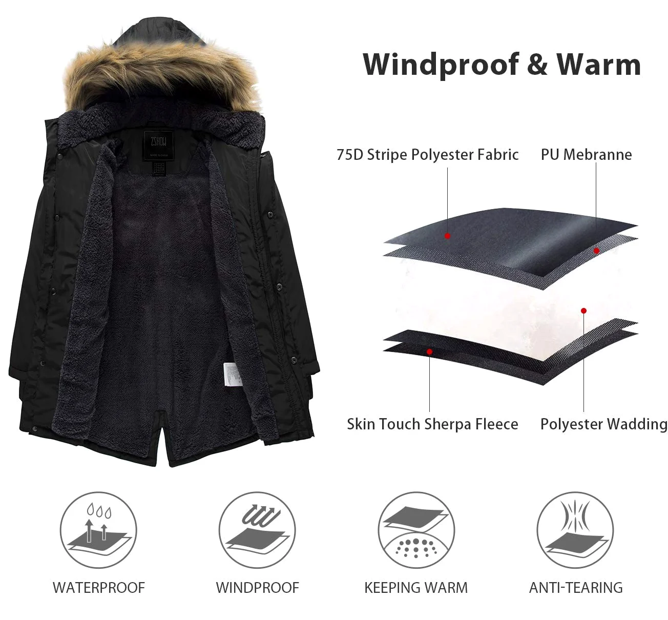 ZSHOW Abrigo Largo de Invierno Chaqueta Gruesa de Algodón Abrigada Forro de Lana al Aire Libre Resistente al Agua Parka con Capucha con Piel Sintética a Prueba de Viento para Niños