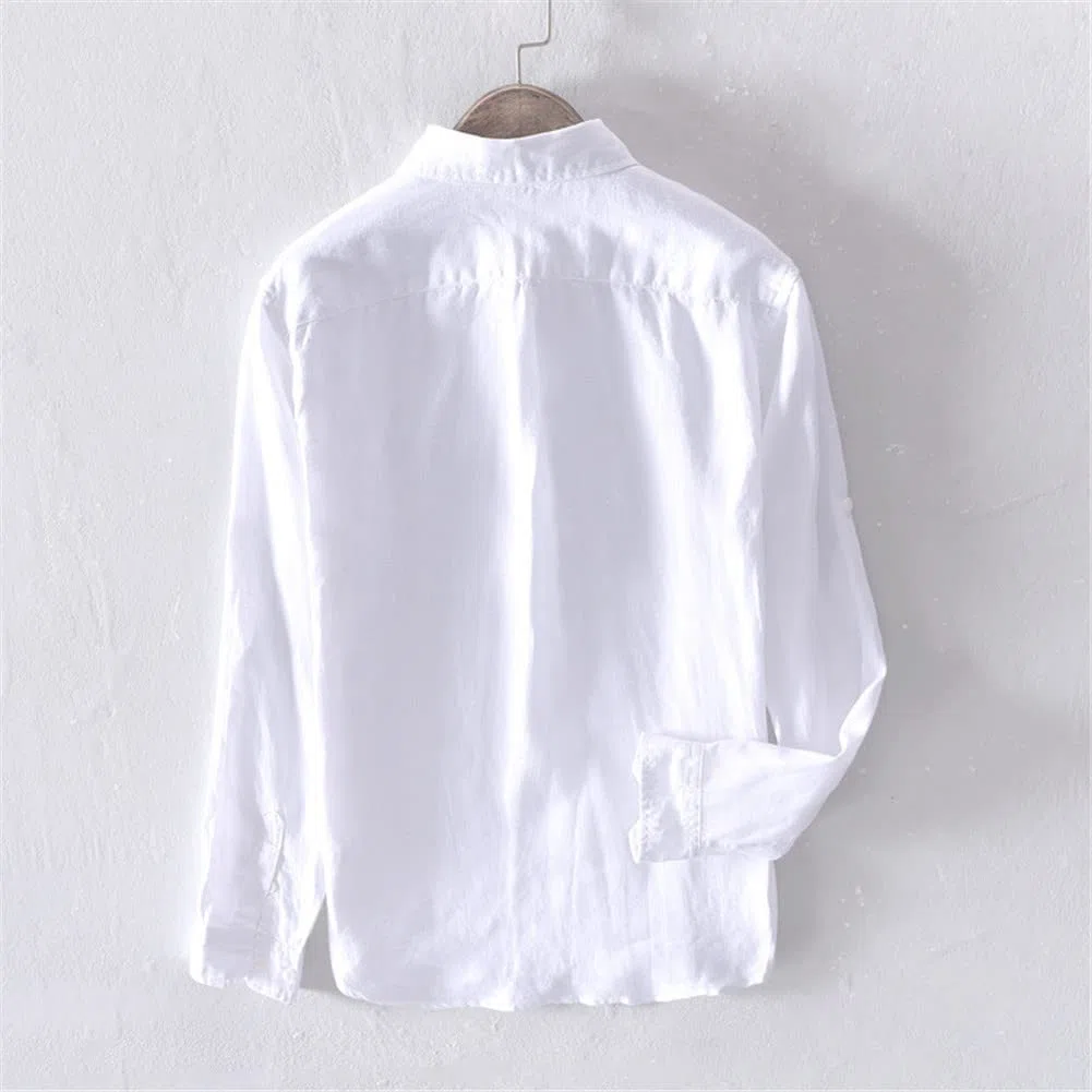 Vsadsau Camisa vintage de manga larga 100 % lino para hombre, estilo casual, L610 Blanco, XL