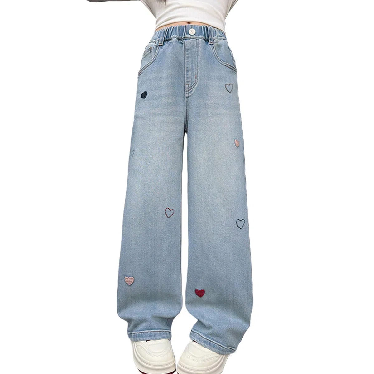 Pantalones vaqueros para niñas de 5 a 14 años con cintura elástica y pierna ancha