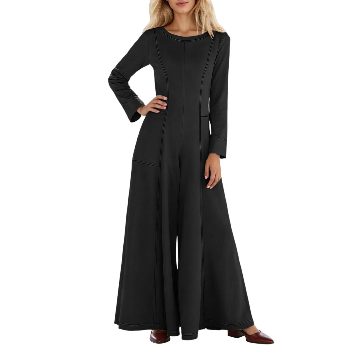 Mono Elegante de Manga Larga con Diseño de Bloques de Color Contraste y Corte Wide Leg para Mujer