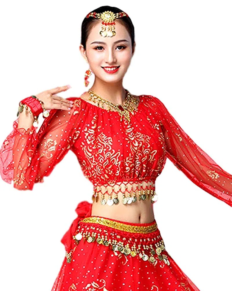Bollywood Indio para Mujer de Manga Larga Anarkali Lehenga Choli Saree Vestido Rojo árabe Princesa Danza del Vientre Falda Trajes Traje (Rojo, 150-170 cm, 45-70 kg)