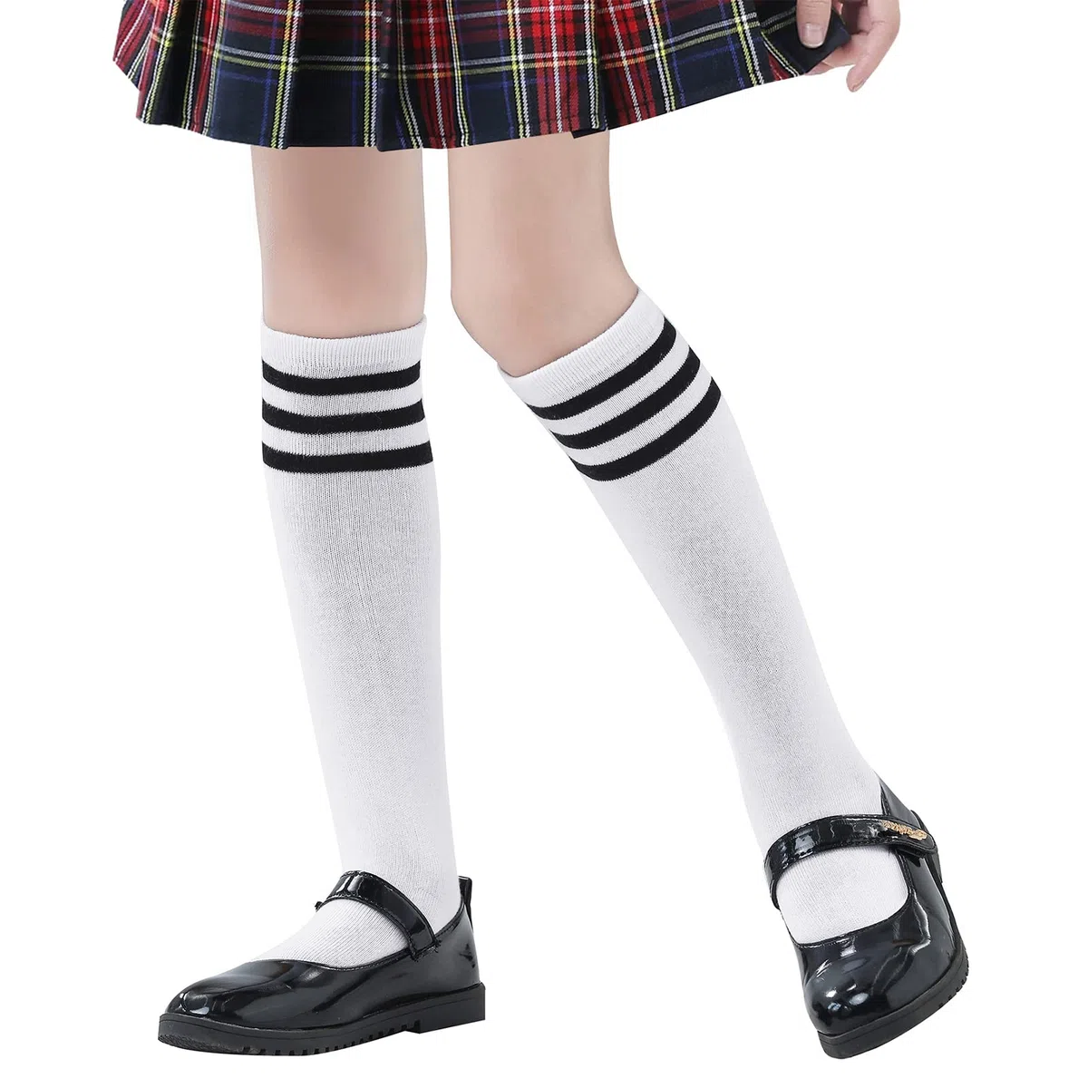 American Trends Calcetines deportivos hasta la rodilla para niños, calcetines de fútbol a rayas, calcetines de tubo para niños y niñas, 1 paquete, blanco y negro