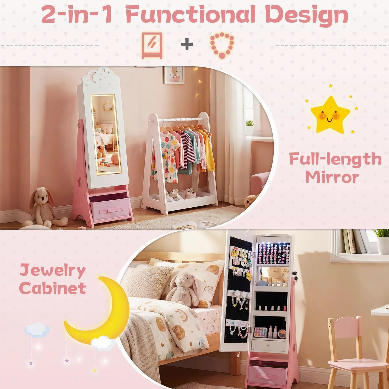 FANTASK Armario para joyas para niños, armario con espejo con iluminación LED y espejo de cuerpo entero, organizador de joyas inclinable con espejo interior y cajones, para habitación de los niños