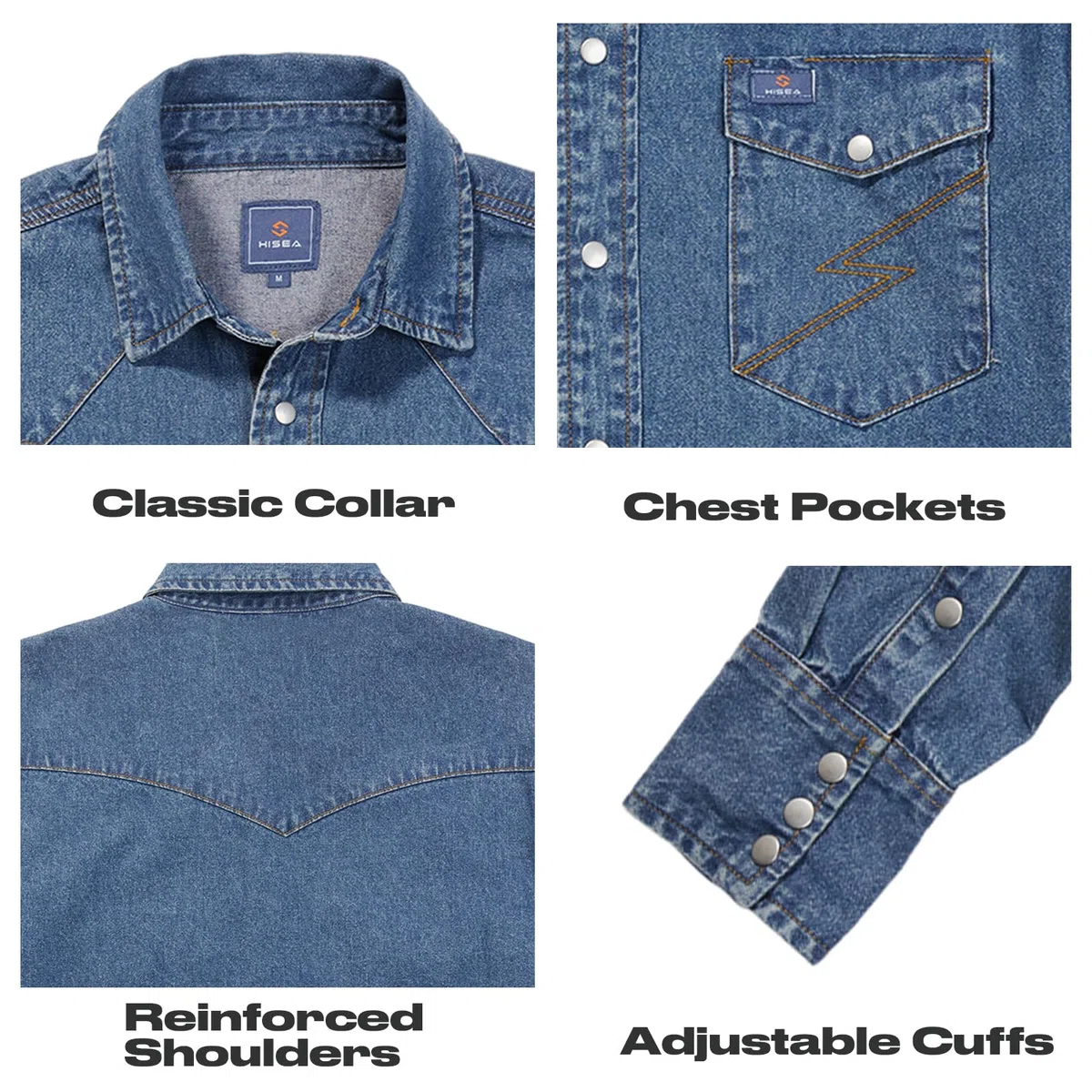 HISEA Camisa vaquera de manga larga para hombre, camisa de trabajo para hombre, ajuste regular, con botones, camisas de trabajo de algodón, acabado lavado