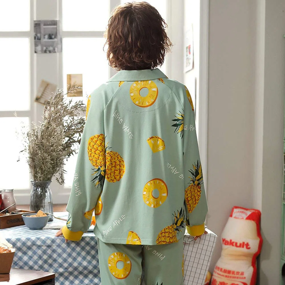 Conjunto De Pijamas De Mujer,Conjunto De Pijama De Manga Larga Algodón Estampado De Piña Lindo Botones Ropa De Dormir Tops & Bottom Pjs Set Nightwear Loungewear Para Todas Las Estaciones, Verde, 3Xl