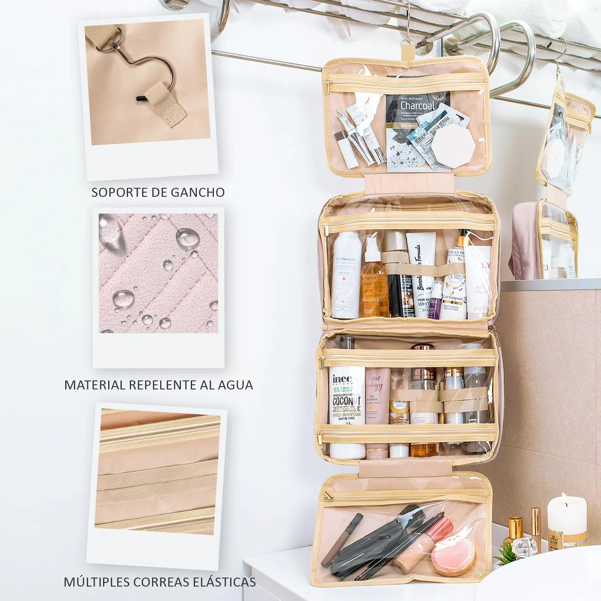 BOACAY Neceser Grande para Mujer y Niña, Bolsa de Aseo Colgante, Bolso Baño y Viaje, Organizador de Maquillaje, Kit para Cosméticos, Accesorios
