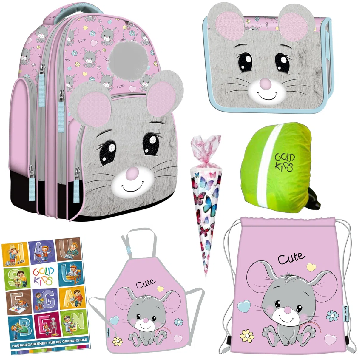 Goldkids - Mochila Escolar para niños y niñas - Mochila Escolar para niños con Estuche - Bolsa para Zapatos y Cuaderno de tareas - Motivo de ratón - 1-3 Clase