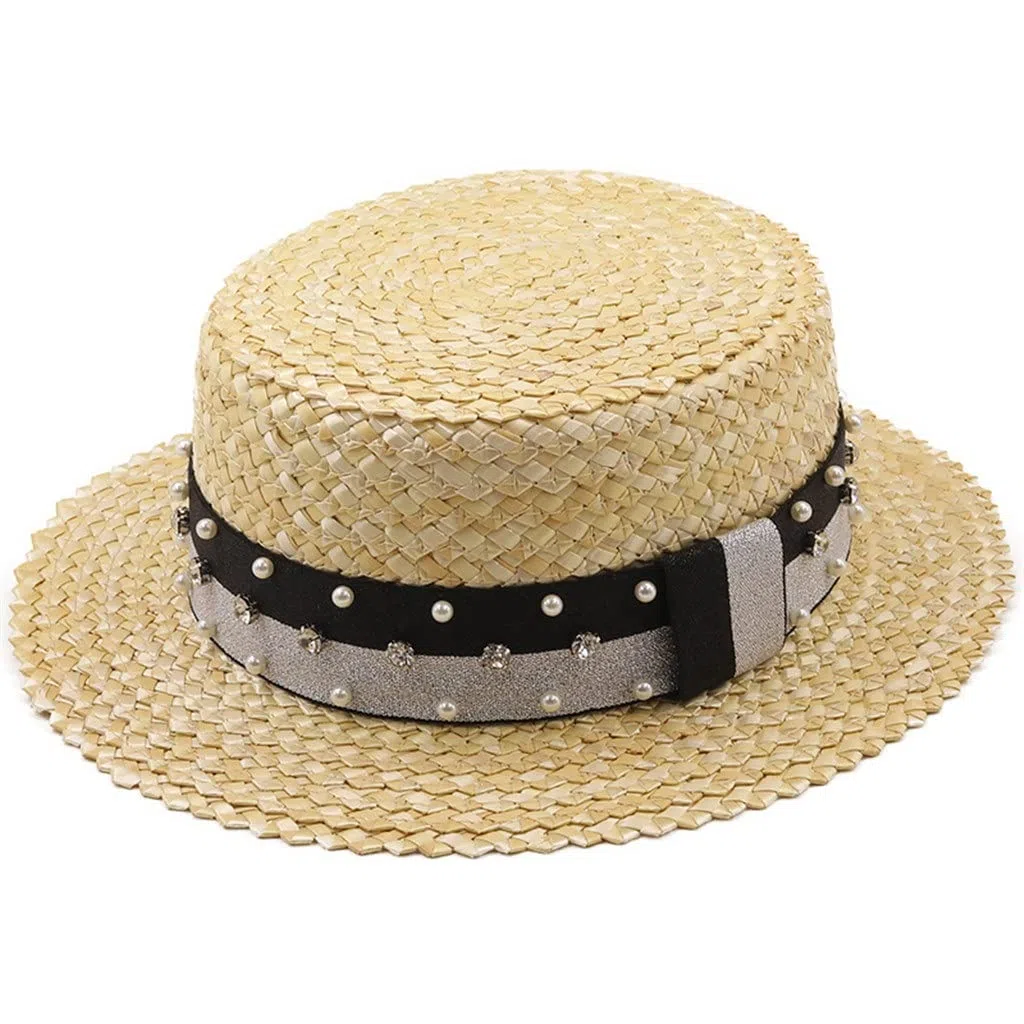 Sombrero de Playa de Paja para niña Hecho a Mano para Mujer Gorra de Vacaciones de Verano Sombreros de Visera de protección Solar Plana de Moda (Color : C, Size : 55-58CM) (A 6 3/4)